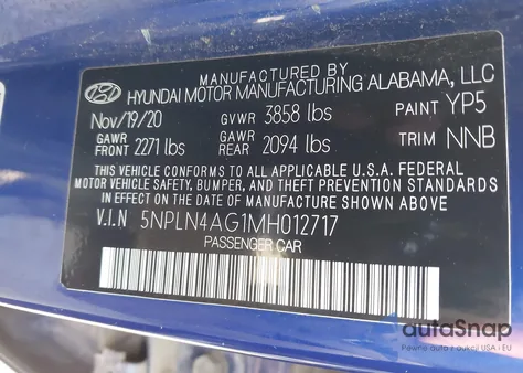 2021 Hyundai Elantra Sel z USA, uszkodzony, nr VIN 5NPLN4AG1MH012717